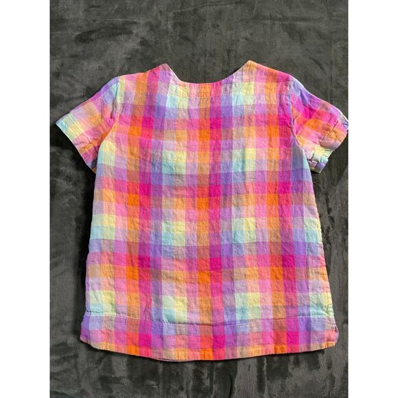 Pastel plaid pattern short sleeve 100% Linen Top - Picture 3 of 7